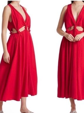 FARM Rio Red Knot-Front Cutout Midi Dress